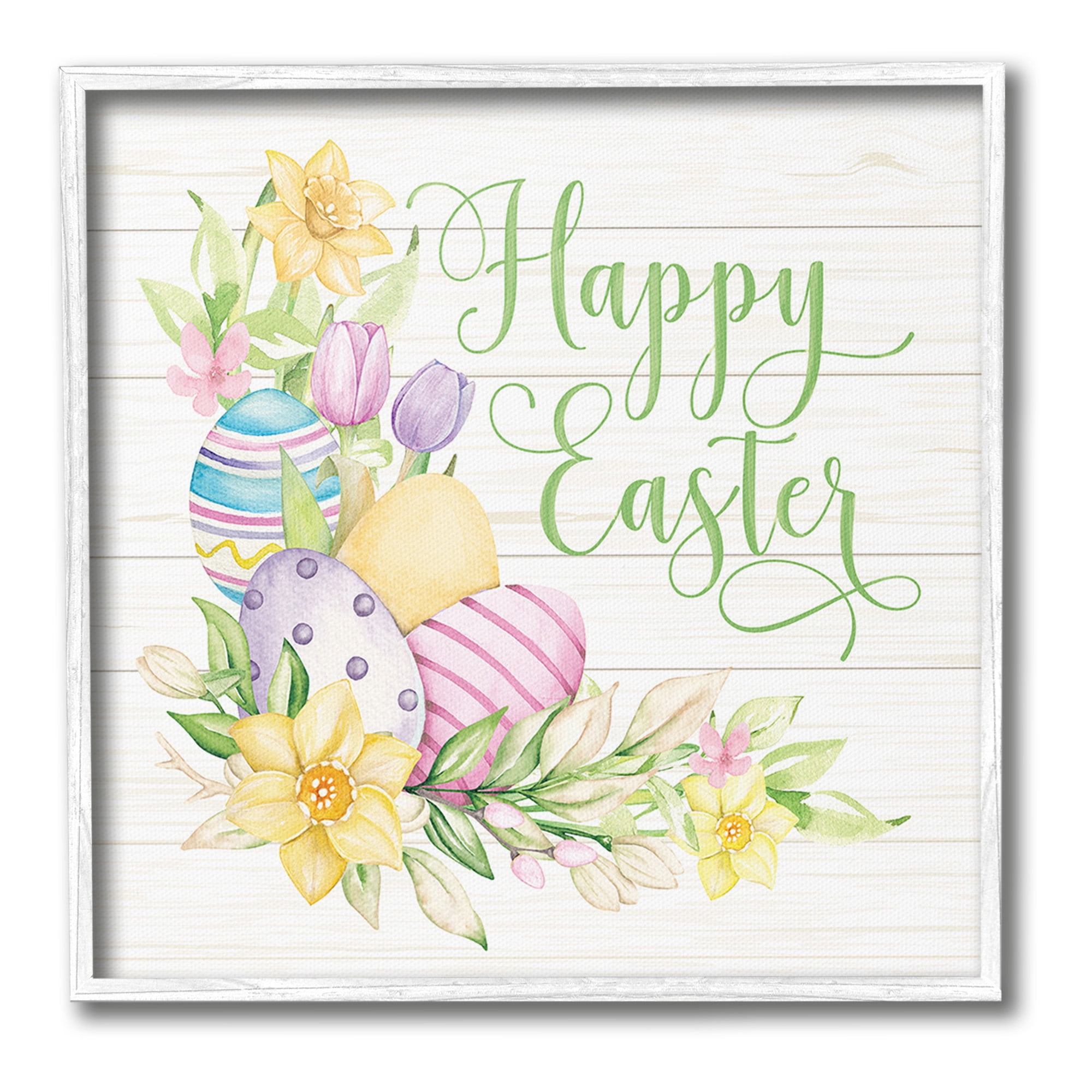 Stupell Industries Happy Easter Daffodils Holiday Painting White Framed Art Print Wall Art, 24 x 24