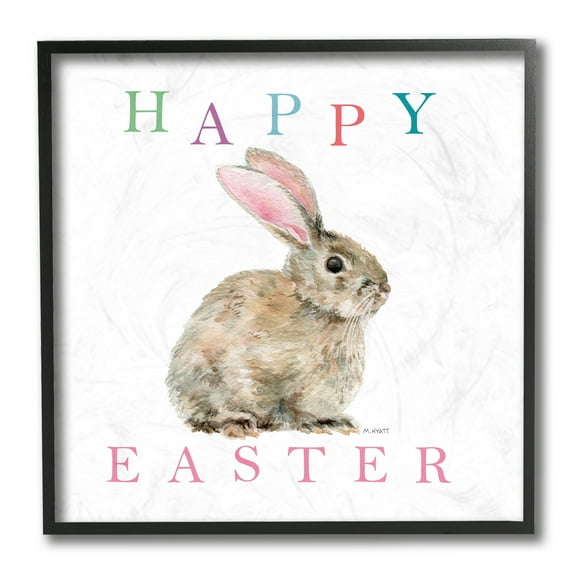 Stupell Industries Happy Easter Phrase with Woodland Bunny Rabbit Black Framed, 12 x 12, Design by Melissa Hyatt LLC