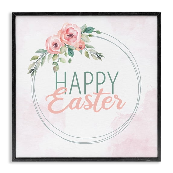 Happy Easter Round Floral Border Pastel Pink Design Black Framed Giclee Art, 12 x 12, Made In USA - By Kim Allen