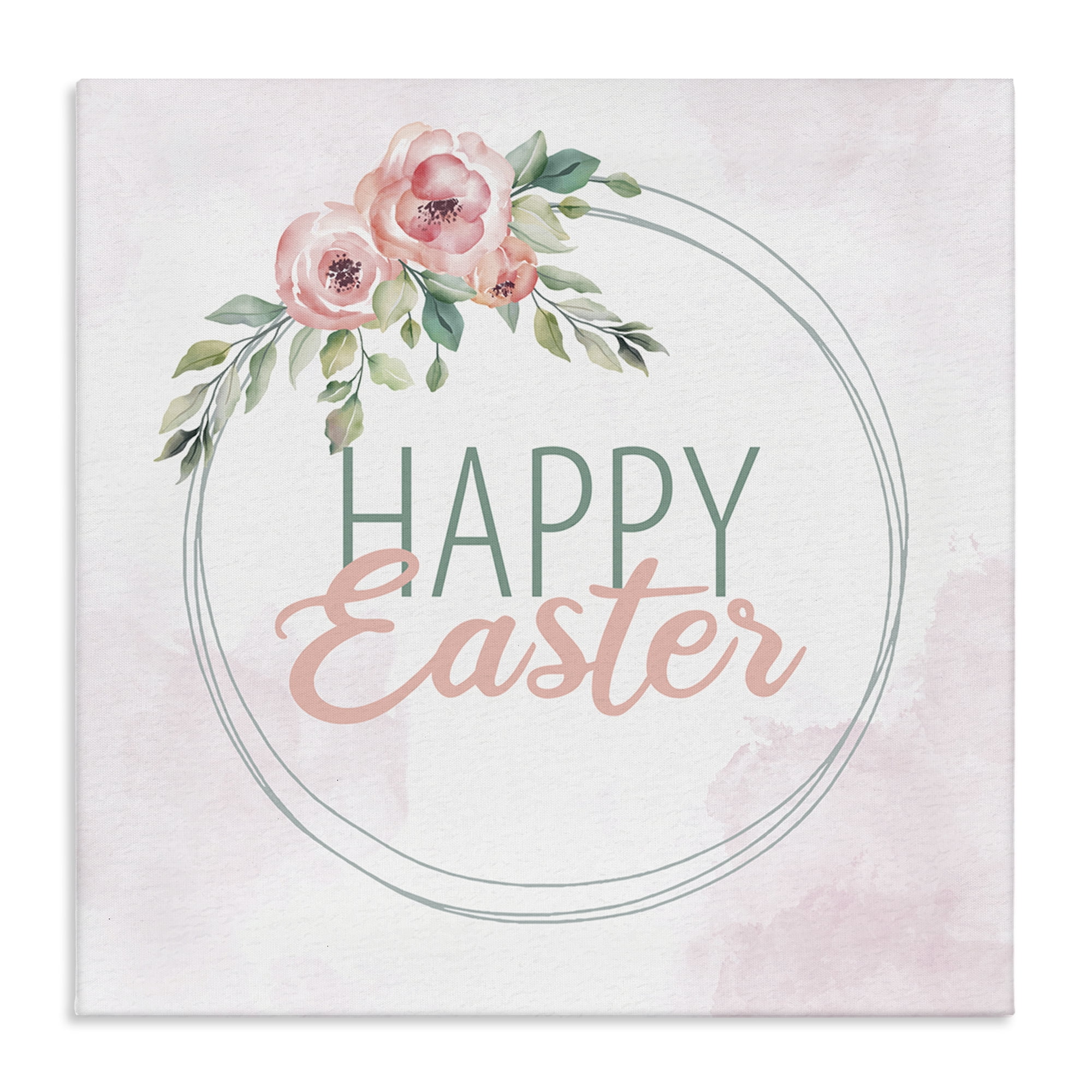 Happy Easter Round Floral Border Pastel Pink Design Canvas Art, 24 x 24, By Kim Allen