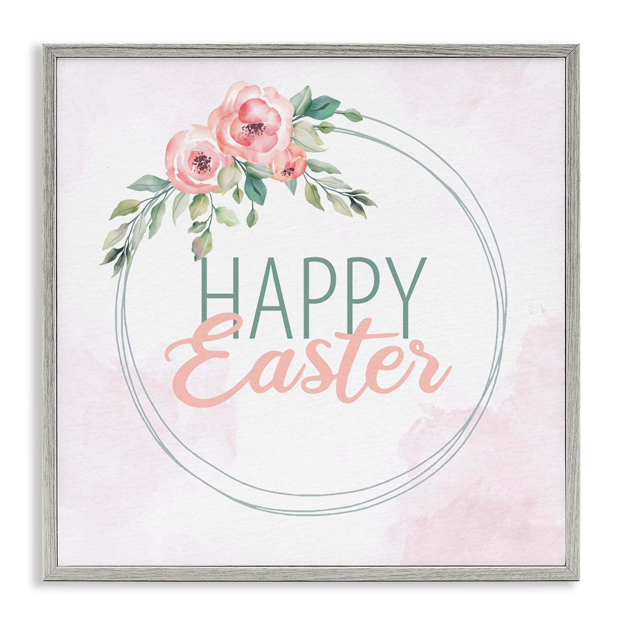 Happy Easter Round Floral Border Pastel Pink Design Gray Framed Giclee Art, 24 x 24, By Kim Allen