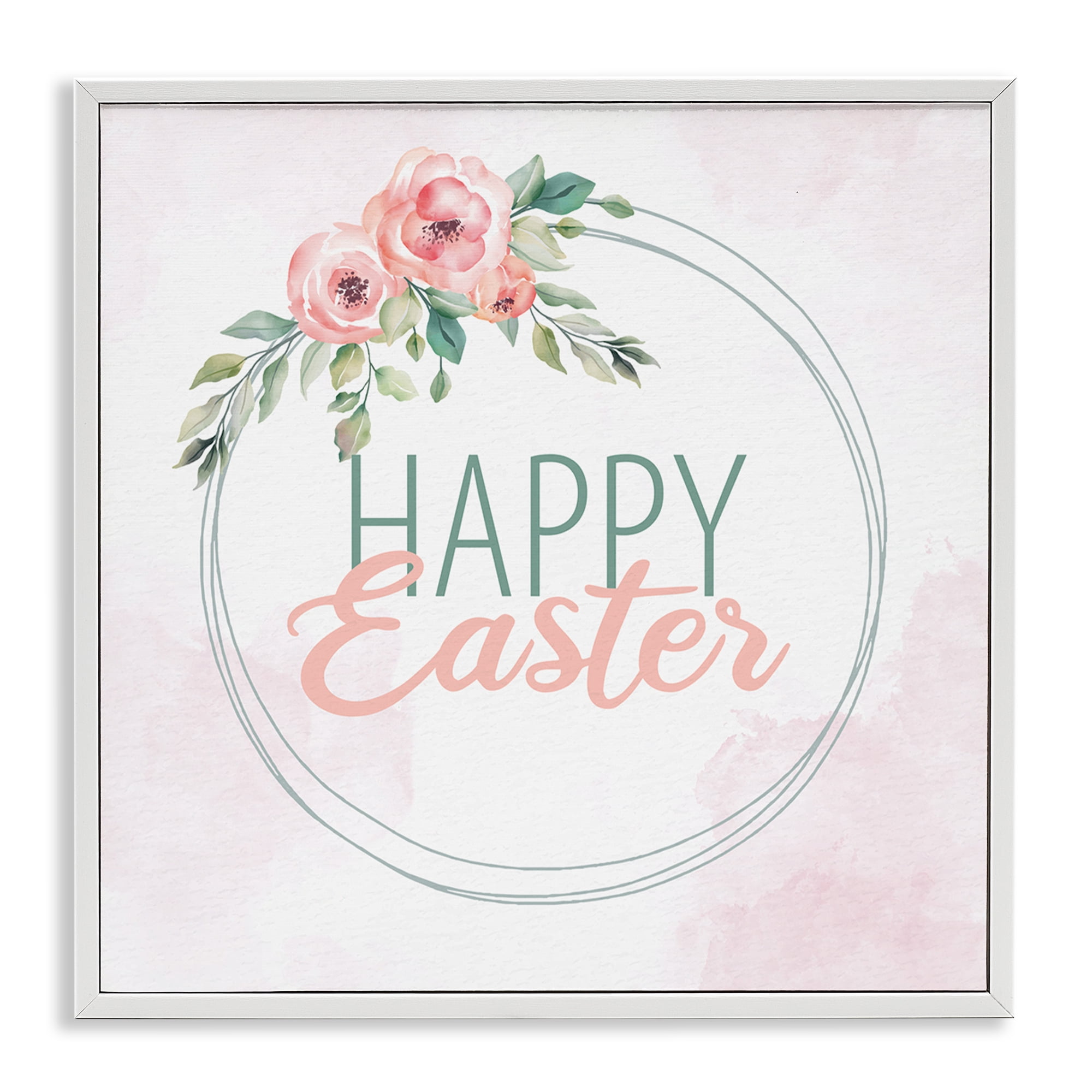 Happy Easter Round Floral Border Pastel Pink Design White Framed Giclee Art, 24 x 24, By Kim Allen