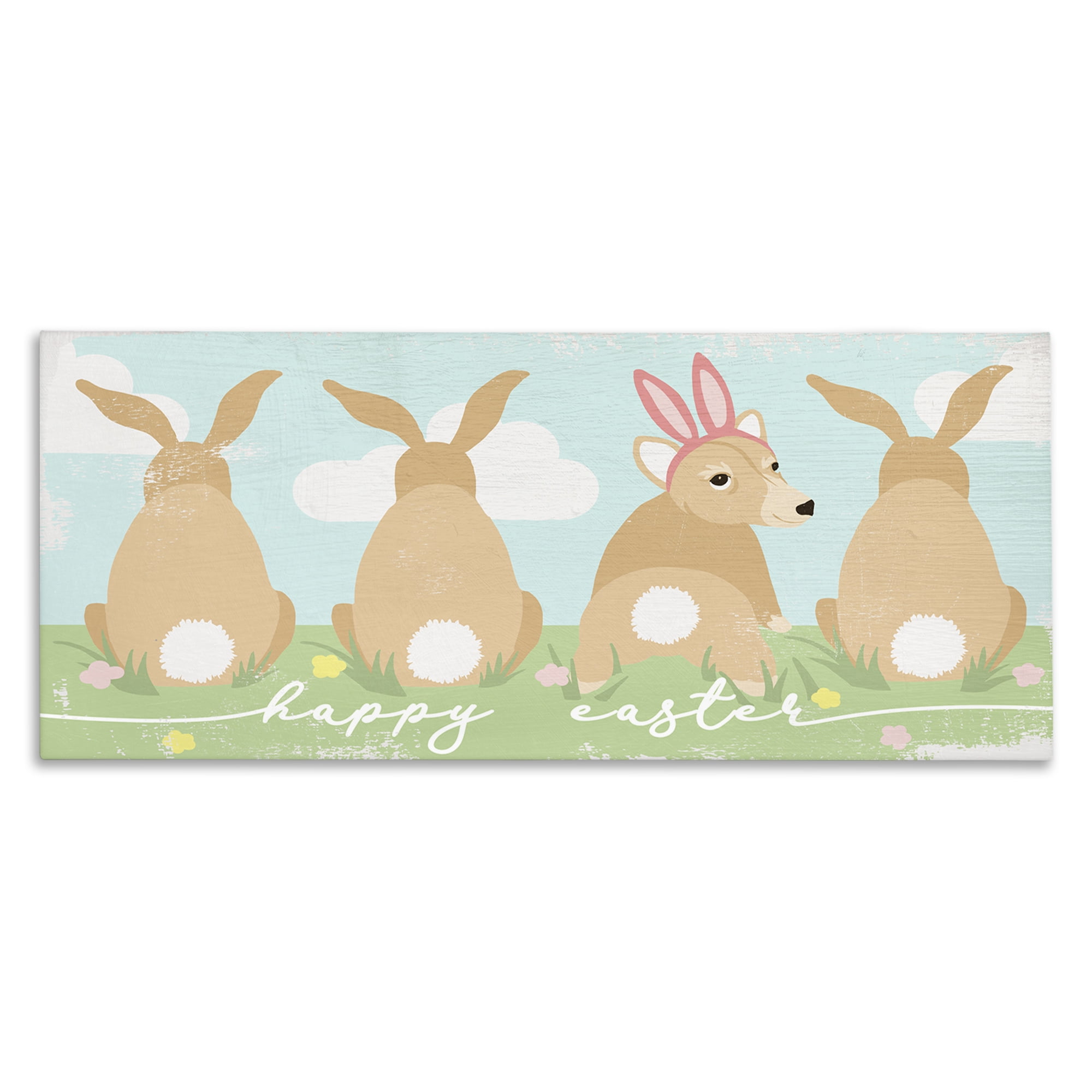 Happy Easter Sentiment Bunny Tails Funny Corgi Dog Canvas Art, 40 x 17, By Lil' Rue