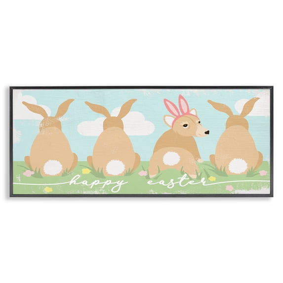 Happy Easter Sentiment Bunny Tails Funny Corgi Dog Black Framed Giclee Art, 24 x 10, By Lil' Rue