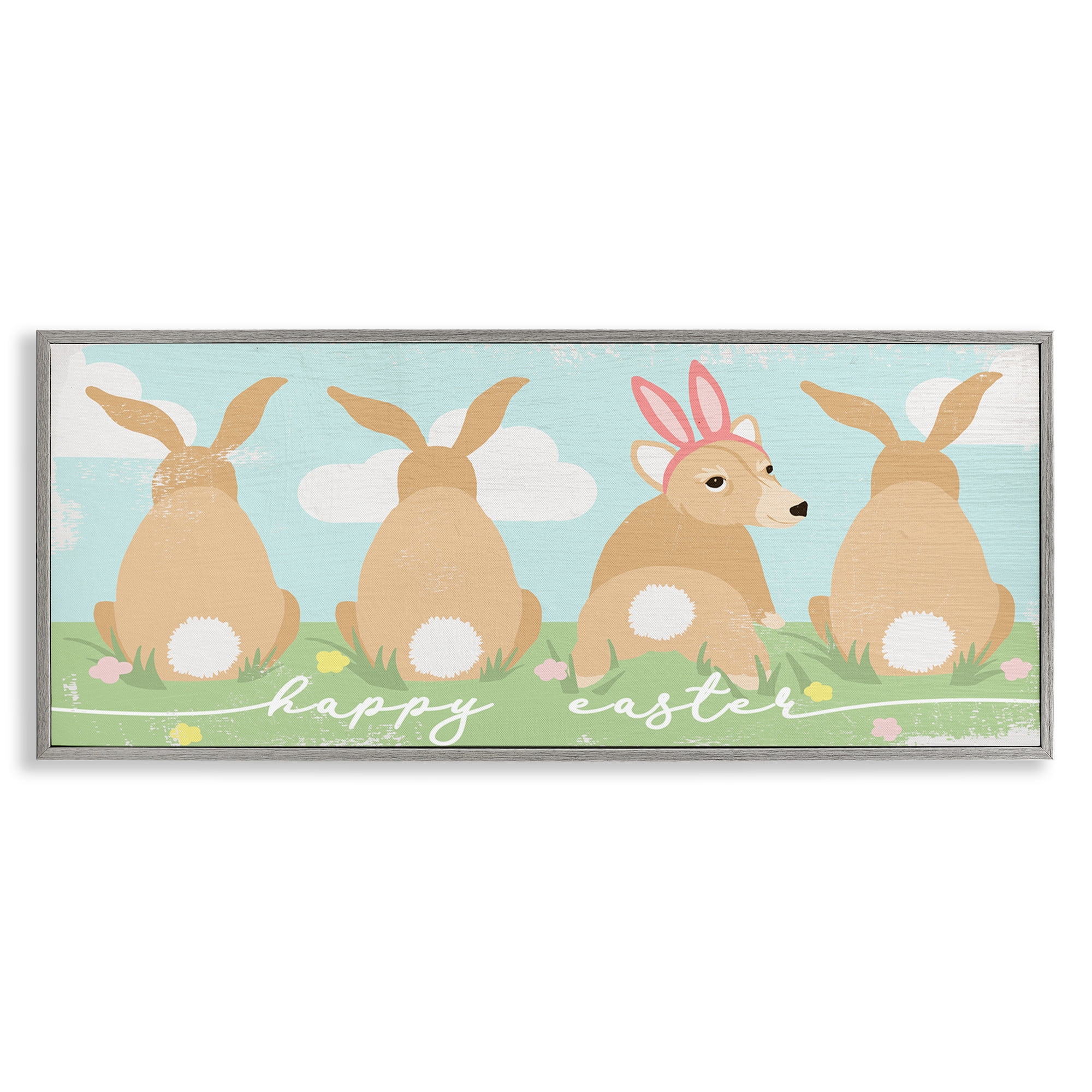 Happy Easter Sentiment Bunny Tails Funny Corgi Dog Gray Framed Giclee Art, 24 x 10, By Lil' Rue