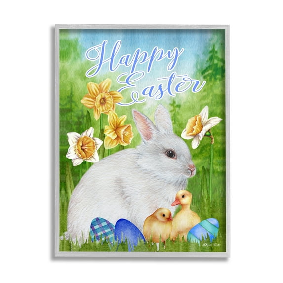 Stupell Industries Happy Easter Spring Bunny Rabbit Phrase Baby Chicks,24 x 30, Design by Sheri Hart