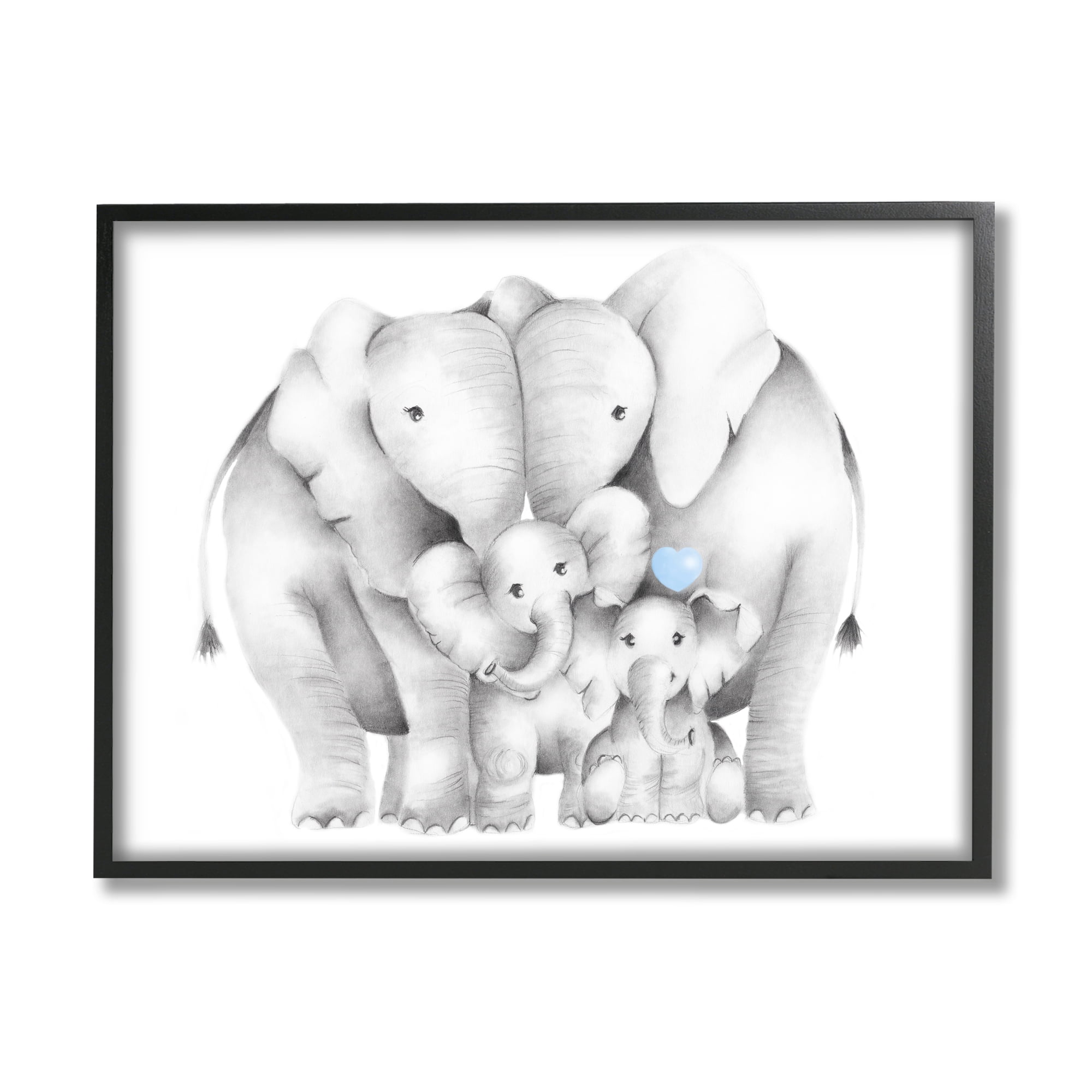 Stupell Industries Happy Elephant Family Blue Heart Pop Baby Animals Modern Drawing Black Framed Art Print Wall Art, 11 x 14, Design by Studio Q