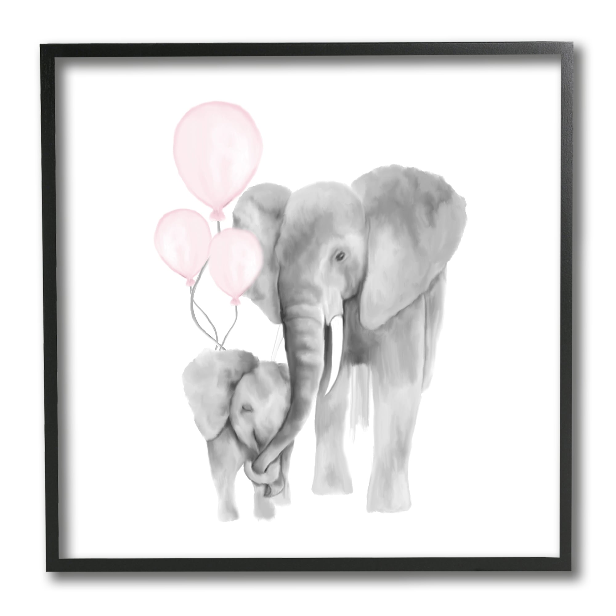 Stupell Industries Happy Elephant Family Trunk Hug Pink Balloons Animals & Insects Painting Black Framed Art Print Wall Art, 12 x 12