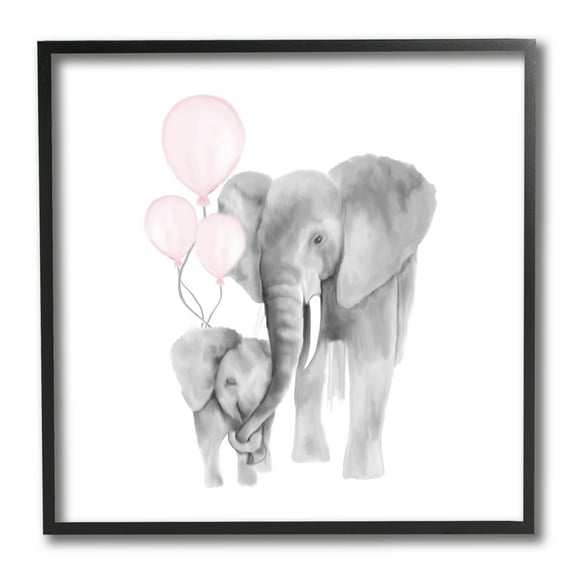 Stupell Industries Happy Elephant Family Trunk Hug Pink Balloons Animals & Insects Painting Black Framed Art Print Wall Art, 12 x 12