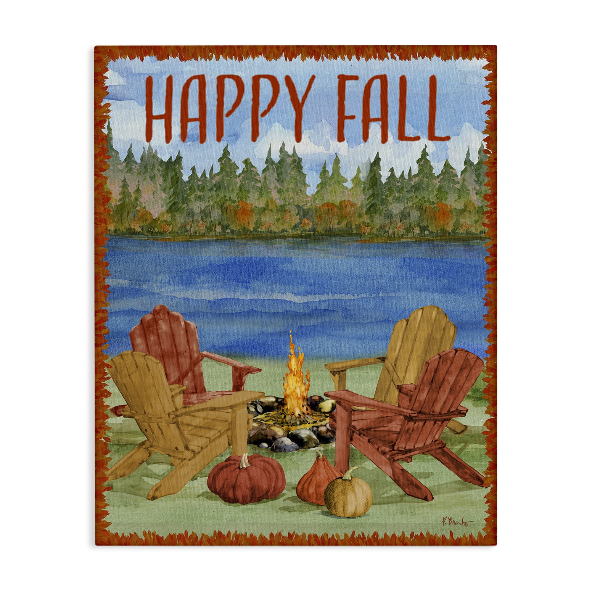 Stupell Industries Happy Fall Bonfire Holiday Painting Gallery Wrapped Canvas Art Print Wall Art, 30 x 40