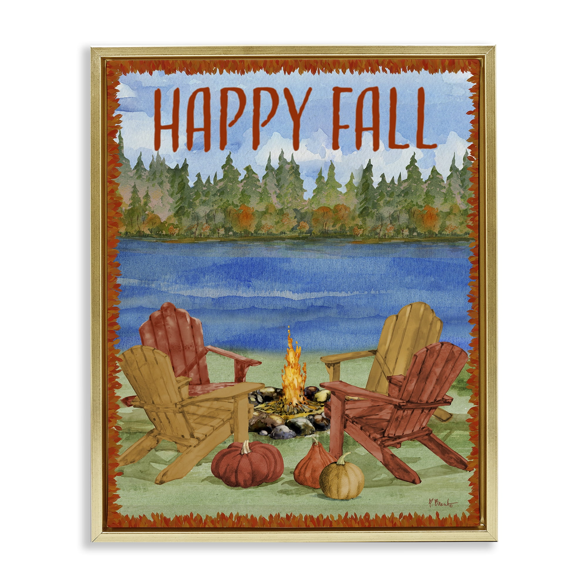 Stupell Industries Happy Fall Bonfire Holiday Painting Gold Floater Framed Art Print Wall Art, 17 x 21