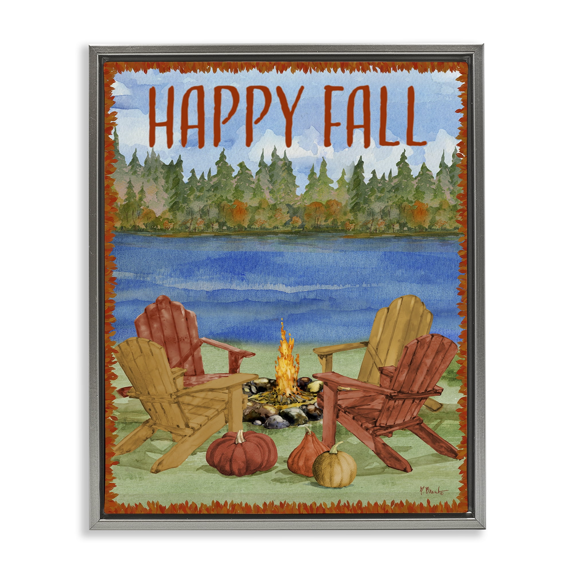 Stupell Industries Happy Fall Bonfire Holiday Painting Gray Floater Framed Art Print Wall Art, 17 x 21