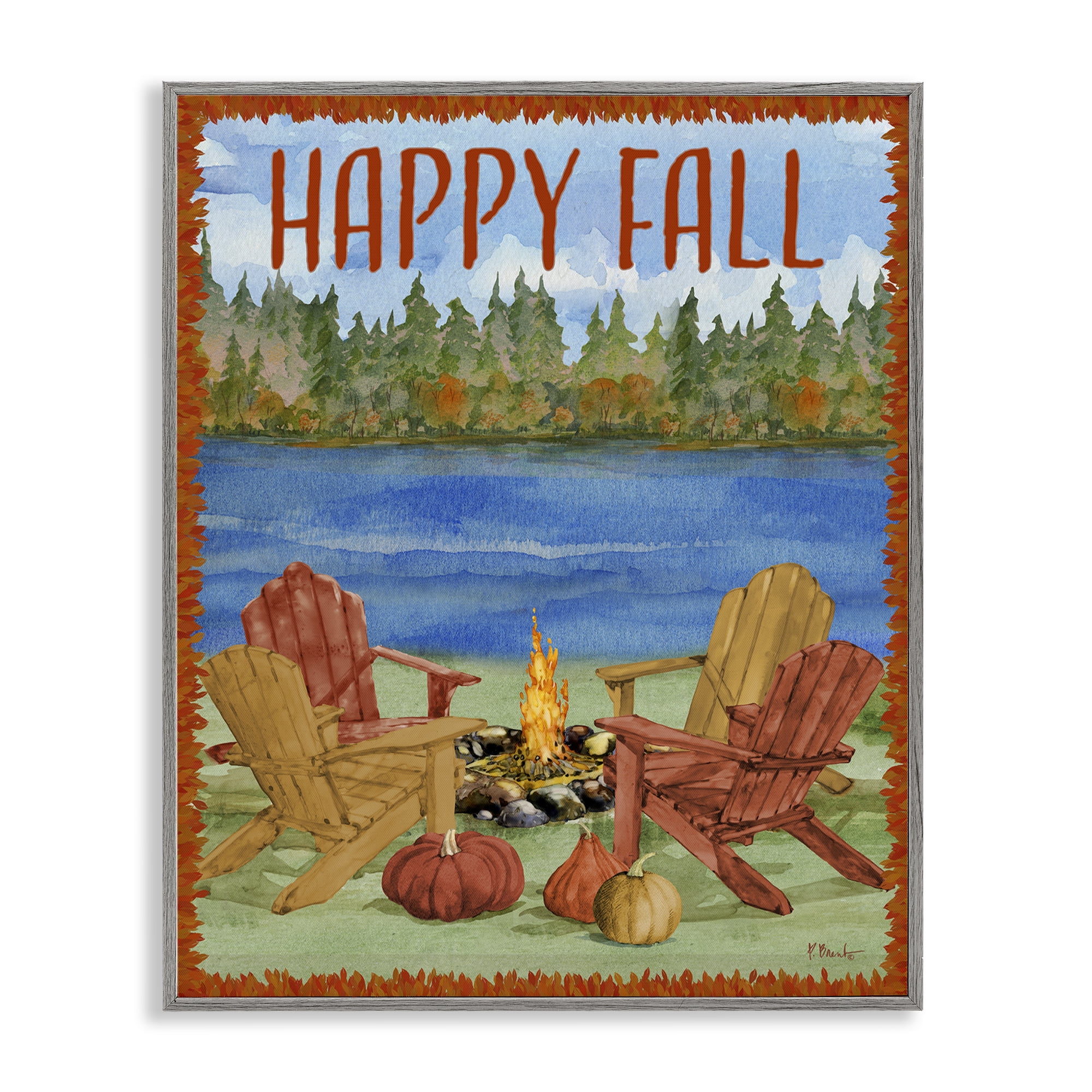 Stupell Industries Happy Fall Bonfire Holiday Painting Gray Framed Art Print Wall Art, 16 x 20