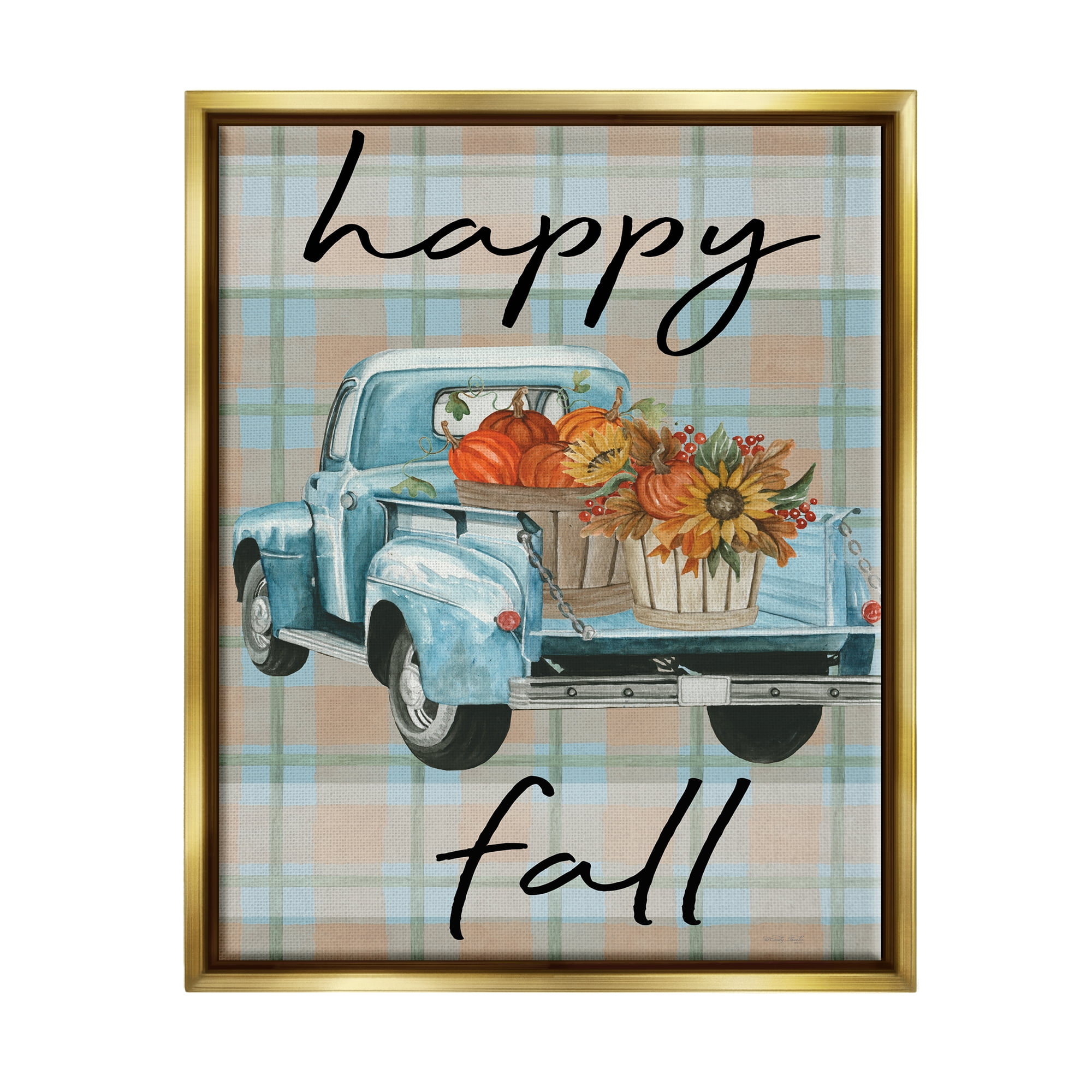 Stupell Industries Happy Fall Flower Truck Transportation Painting Gold Floater Framed Art Print Wall Art, 25 x 31