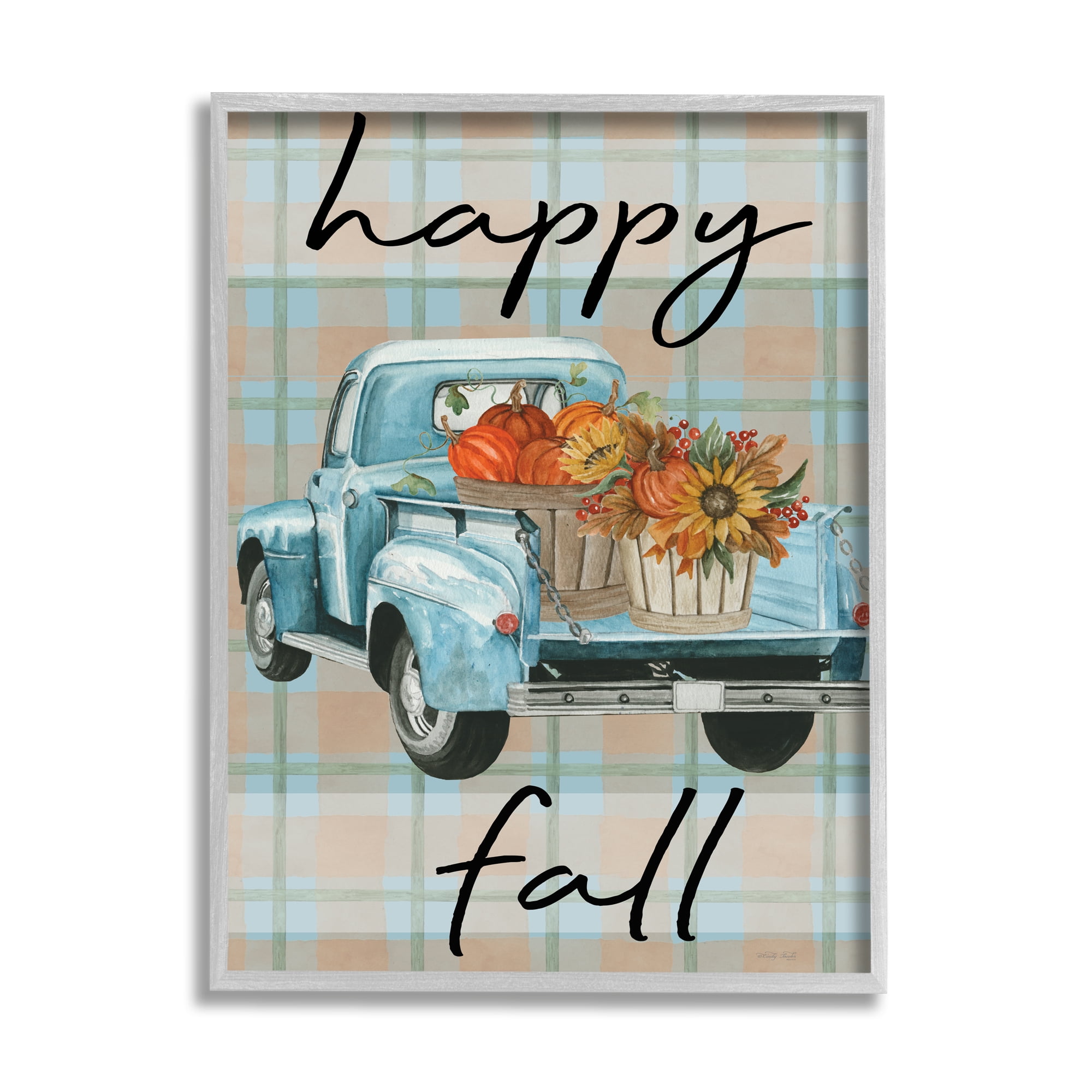 Stupell Industries Happy Fall Flower Truck Transportation Painting Gray Framed Art Print Wall Art, 24 x 30