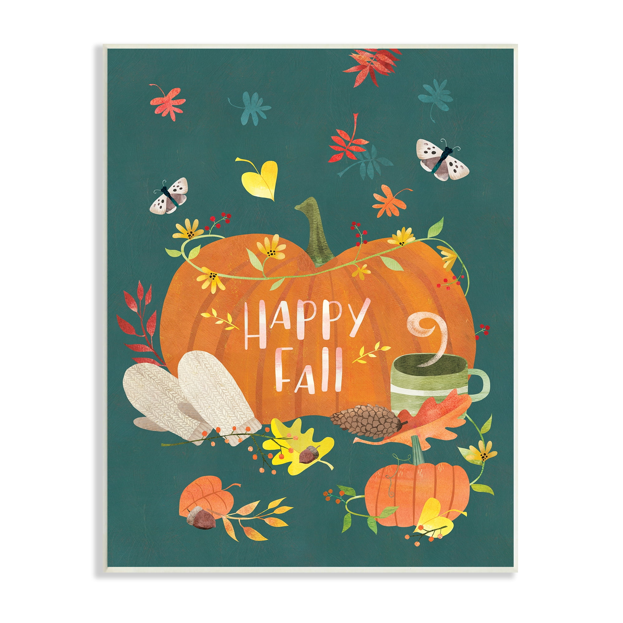 Stupell Industries Happy Fall Greeting Plump Orange Pumpkin Festive Moths, 10 x 15, Designed by Laura Watson