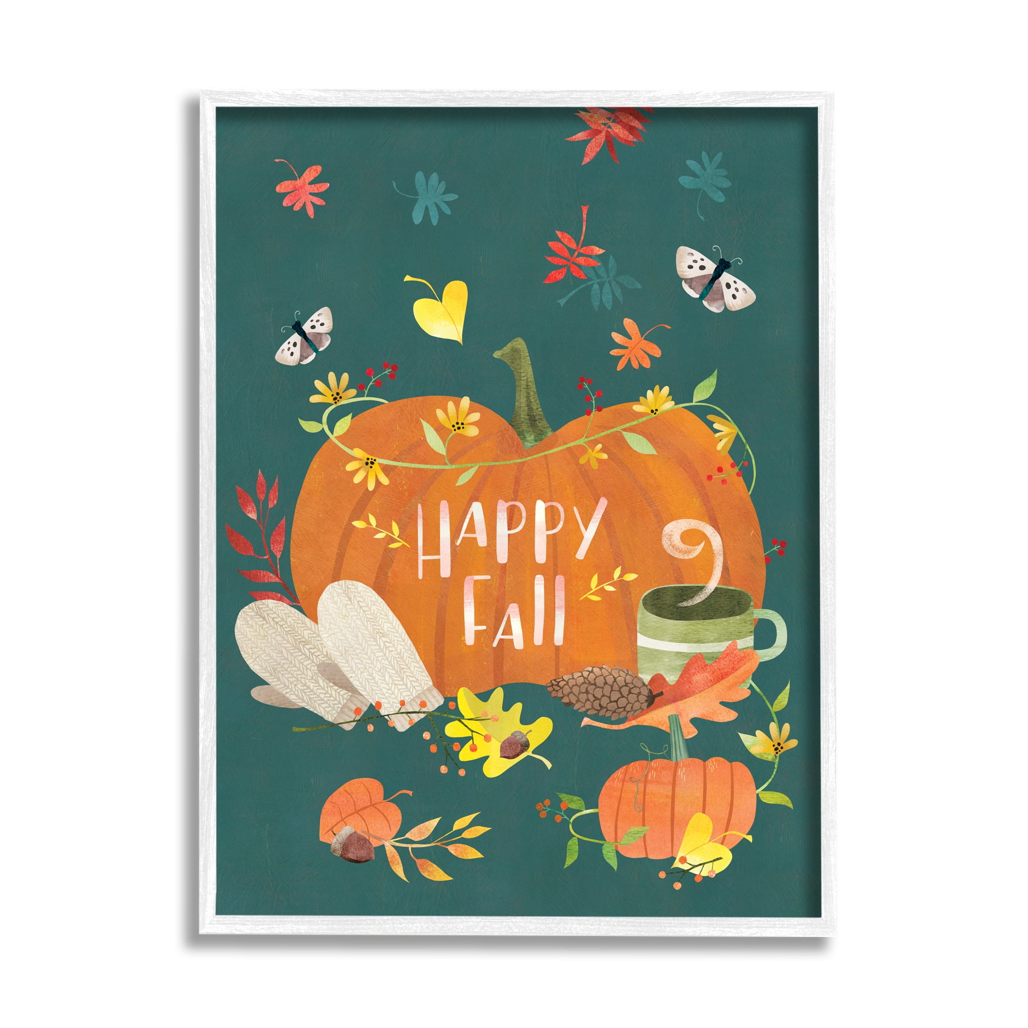 Stupell Industries Happy Fall Greeting Plump Orange Pumpkin Festive Moths, 11 x 14, Designed by Laura Watson