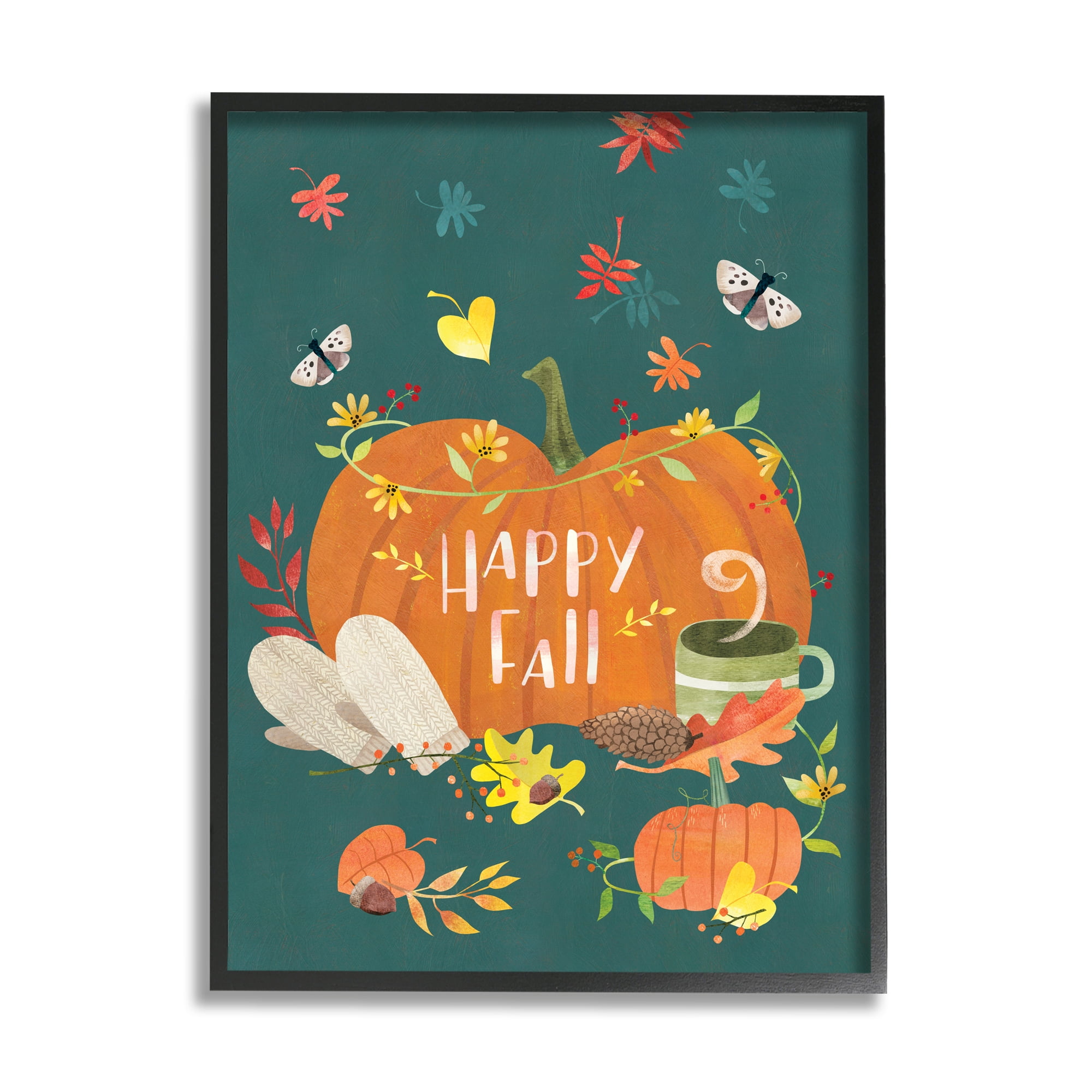 Stupell Industries Happy Fall Greeting Plump Orange Pumpkin Festive Moths, 11 x 14, Designed by Laura Watson