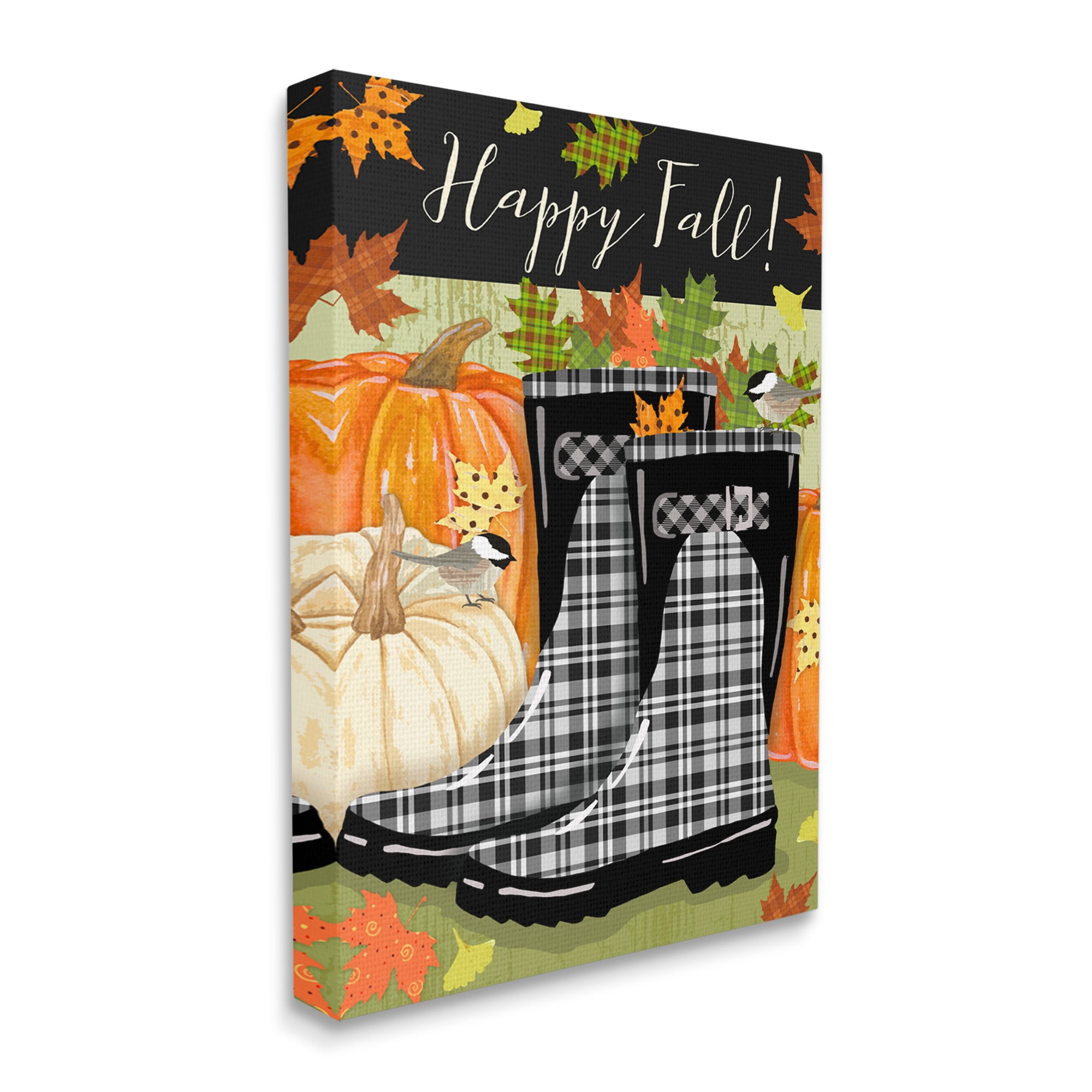 Stupell Industries Happy Fall Phrase Black Rainboots and Pumpkins Landscape Painting Gallery Wrapped Canvas Art Print Wall Art, 30 x 40