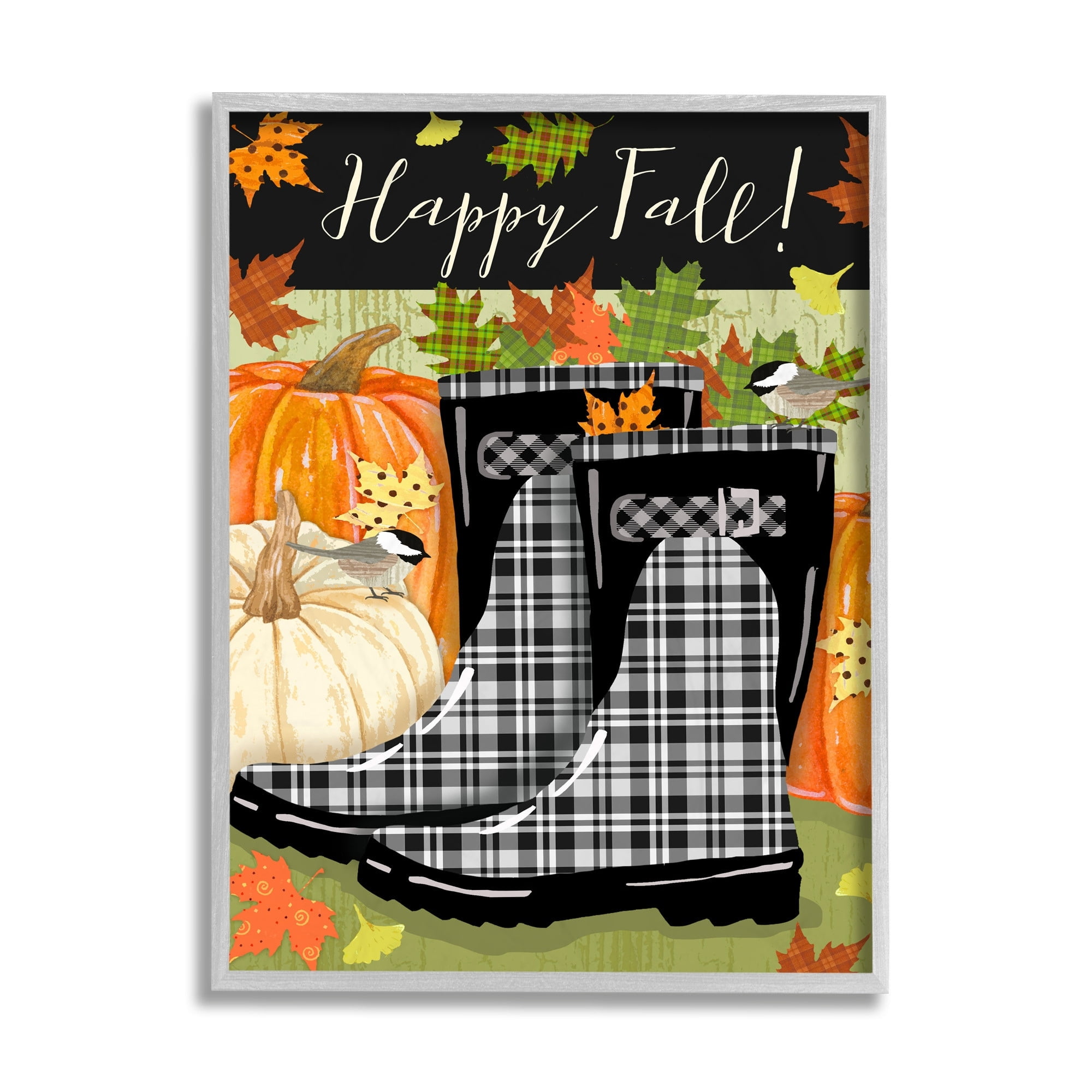 Stupell Industries Happy Fall Phrase Black Rainboots and Pumpkins Landscape Painting Gray Framed Art Print Wall Art, 11 x 14