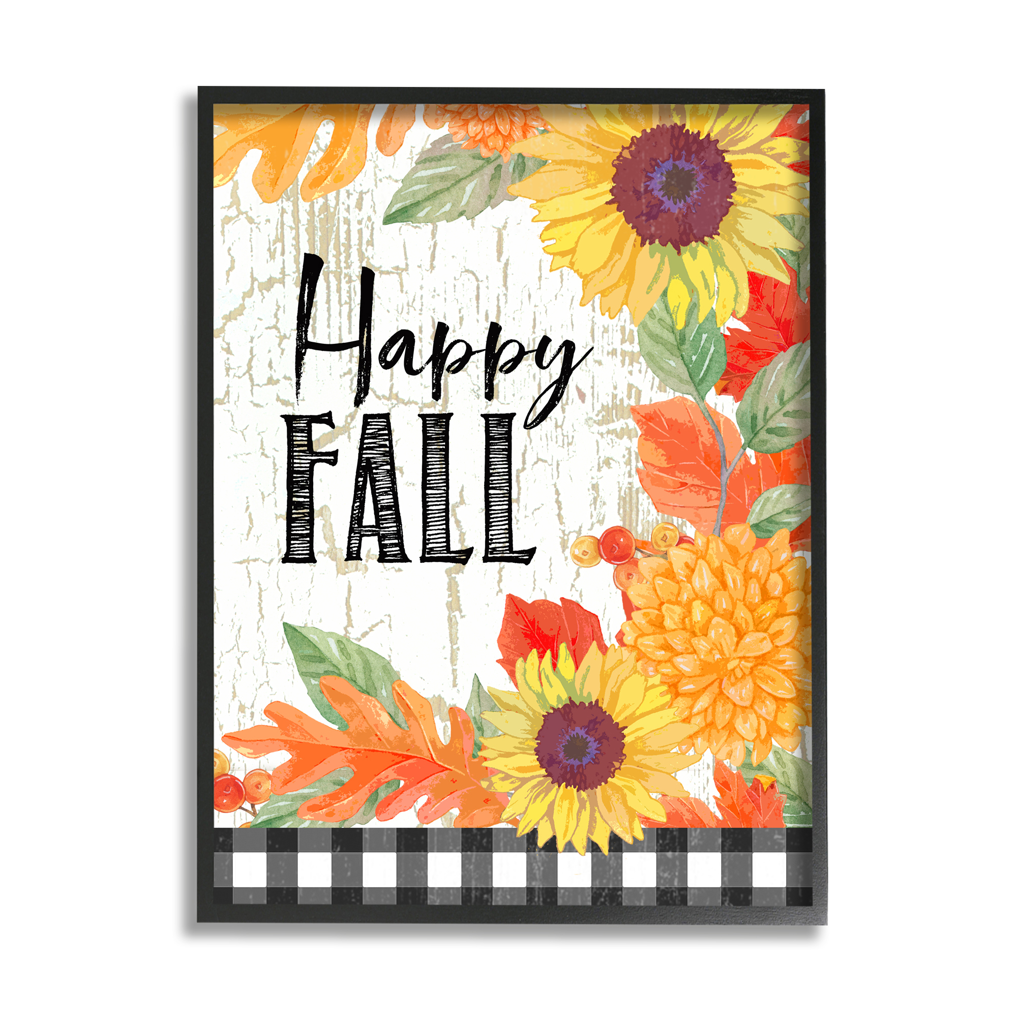 Stupell Industries Happy Fall Phrase Checkered Plaid Sunflower Floral Landscape Painting Black Framed Art Print Wall Art, 24 x 30
