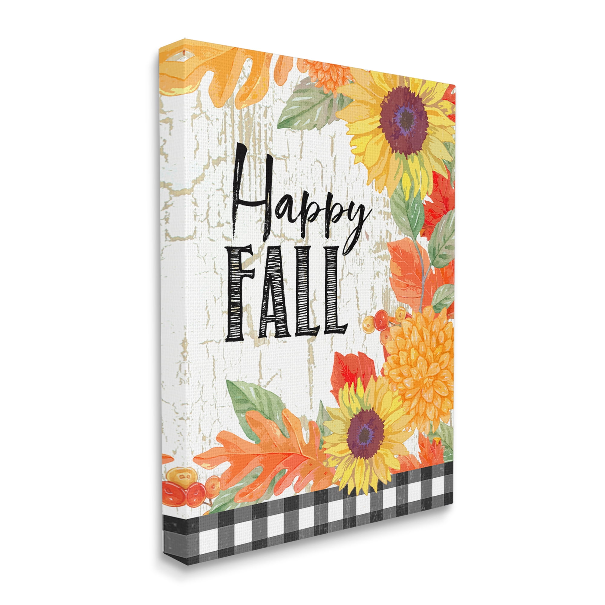 Stupell Industries Happy Fall Phrase Checkered Plaid Sunflower Floral Landscape Painting Gallery Wrapped Canvas Art Print Wall Art, 16 x 20