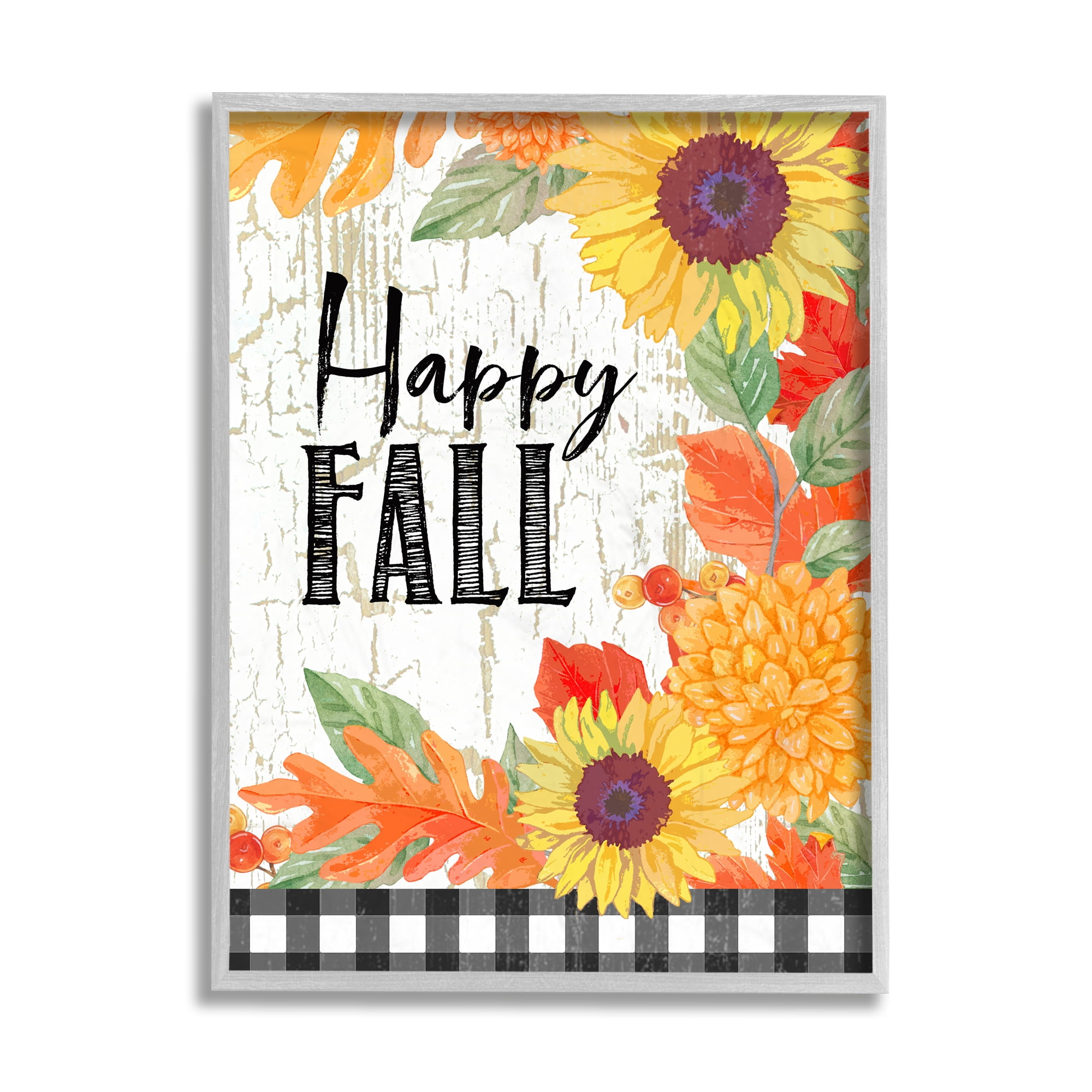 Stupell Industries Happy Fall Phrase Checkered Plaid Sunflower Floral Landscape Painting Gray Framed Art Print Wall Art, 11 x 14