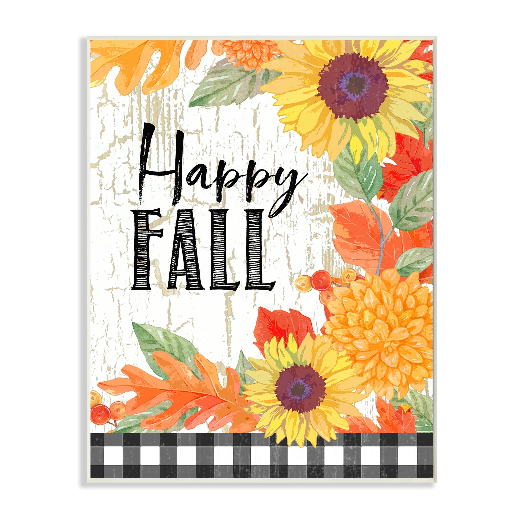 Stupell Industries Happy Fall Phrase Checkered Plaid Sunflower Floral Landscape Painting Wall Plaque Art Print Wall Art, 10 x 15