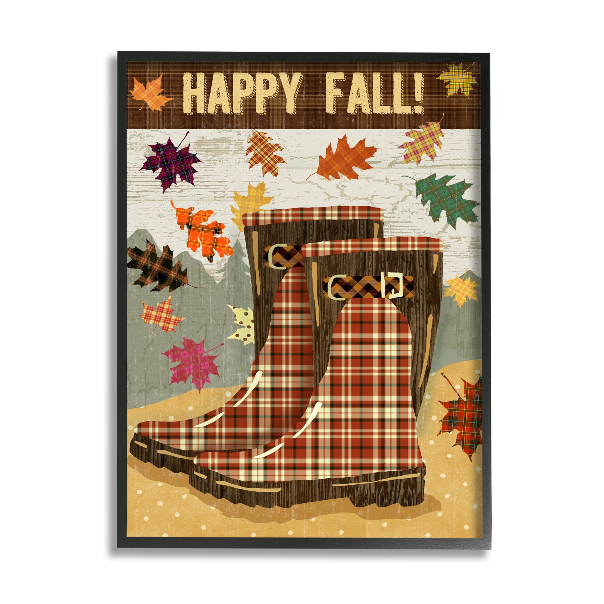 Stupell Industries Happy Fall Phrase Plaid Boots and Foliage Landscape Painting Black Framed Art Print Wall Art, 24 x 30