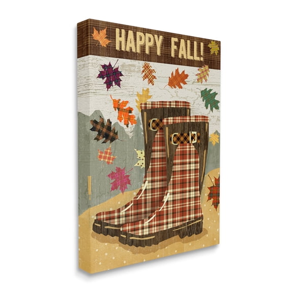 Stupell Industries Happy Fall Phrase Plaid Boots and Foliage Landscape Painting Gallery Wrapped Canvas Art Print Wall Art, 30 x 40