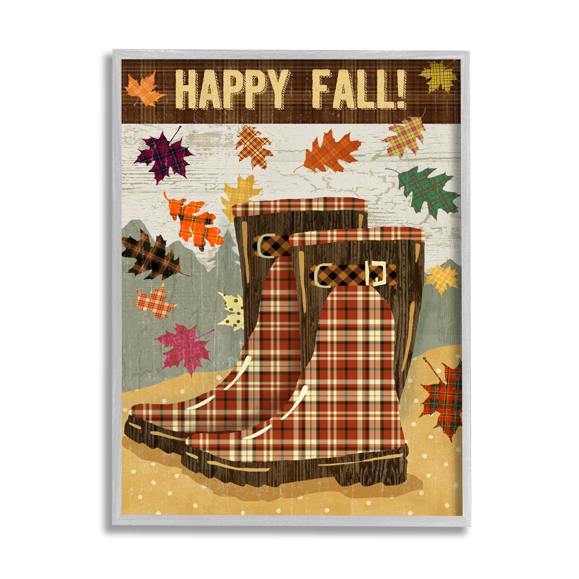 Stupell Industries Happy Fall Phrase Plaid Boots and Foliage Landscape Painting Gray Framed Art Print Wall Art, 11 x 14