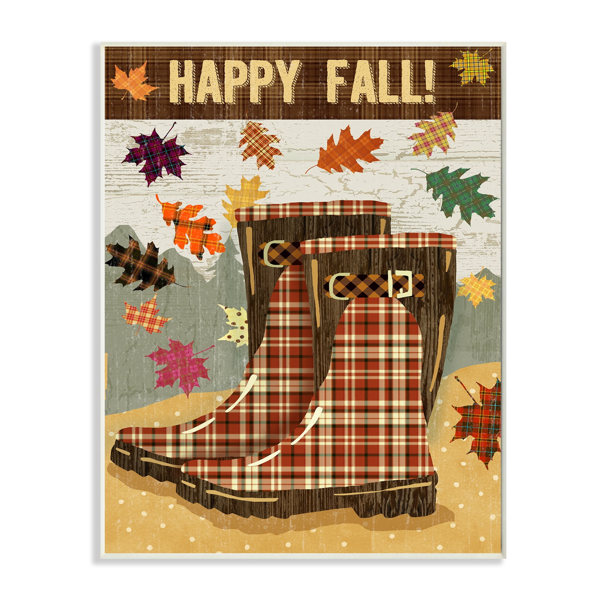 Stupell Industries Happy Fall Phrase Plaid Boots and Foliage Landscape Painting Wall Plaque Art Print Wall Art, 13 x 19