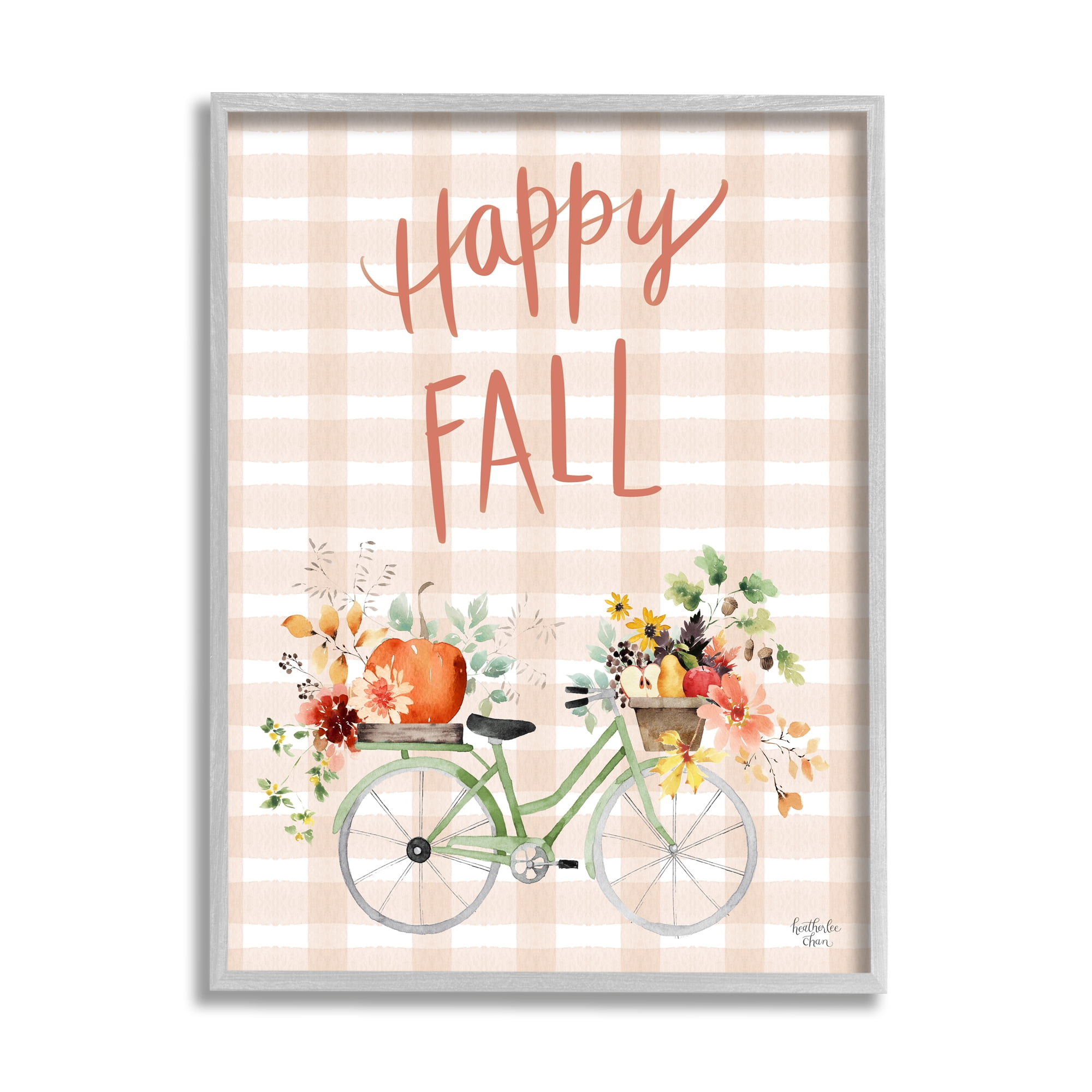 Stupell Industries Happy Fall Plaid Seasonal Flowers Blooming Bicycle Graphic Art Gray Framed Art Print Wall Art, Design by Heatherlee Chan