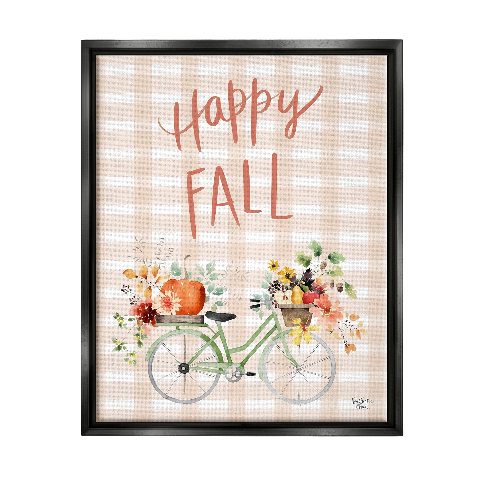 Stupell Industries Happy Fall Plaid Seasonal Flowers Blooming Bicycle Graphic Art Jet Black Floating Framed Canvas Print Wall Art, Design by Heatherlee Chan