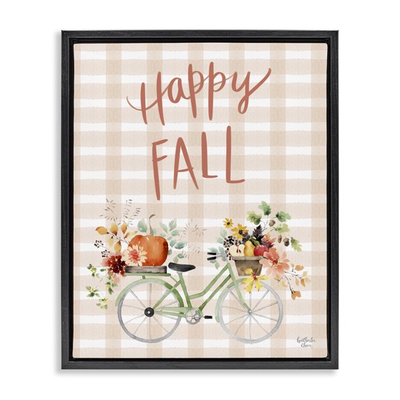 Stupell Industries French Country Happy Fall Plaid Seasonal Flowers Blooming Bicycle Black Floating Frame Canvas Art, 17 x 21, by Heather Lee Chan
