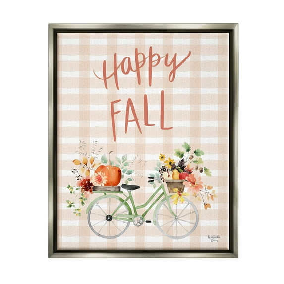 Stupell Industries Happy Fall Plaid Seasonal Flowers Blooming Bicycle Graphic Art Luster Gray Floating Framed Canvas Print Wall Art, Design by Heatherlee Chan