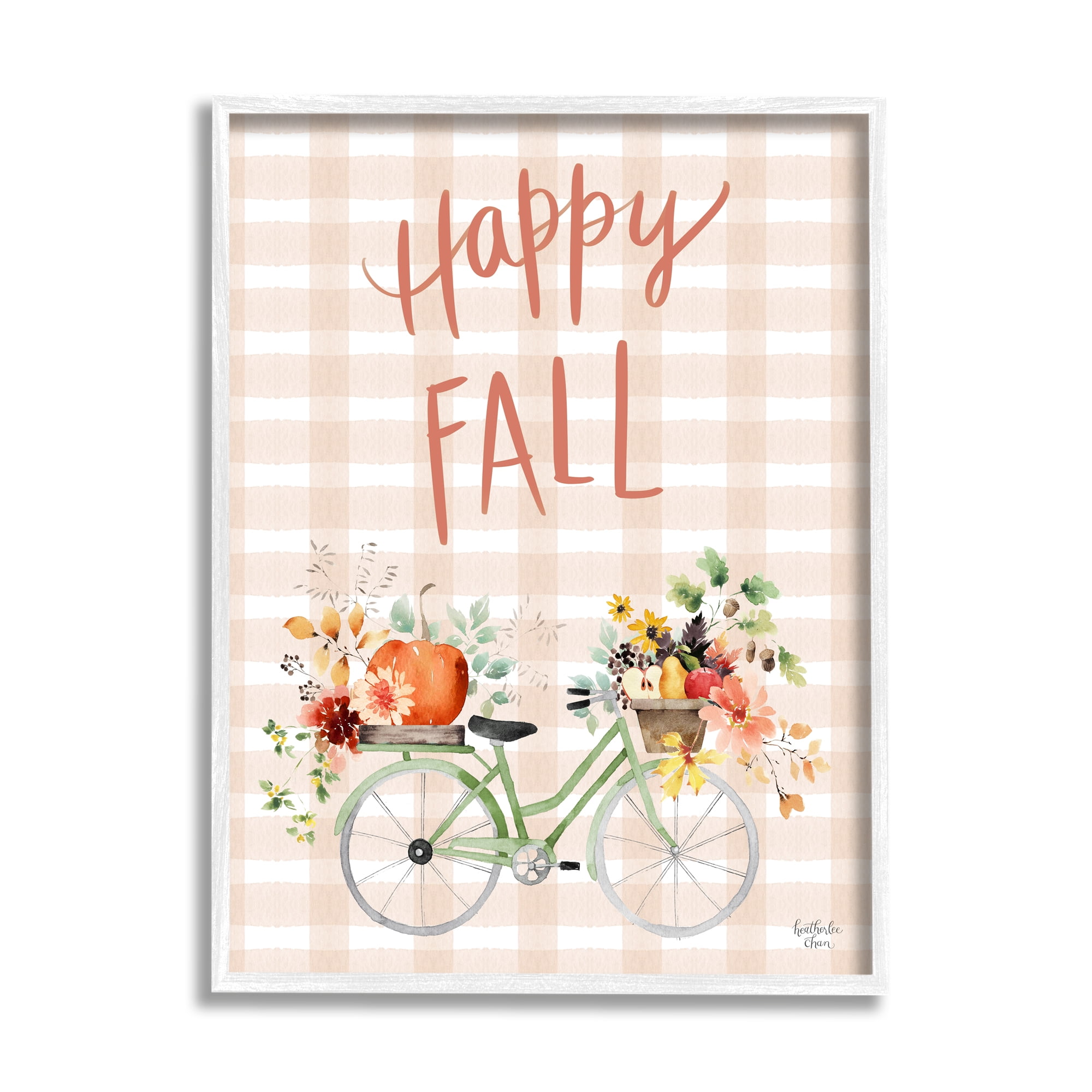 Stupell Industries Happy Fall Plaid Seasonal Flowers Blooming Bicycle Graphic Art White Framed Art Print Wall Art, Design by Heatherlee Chan