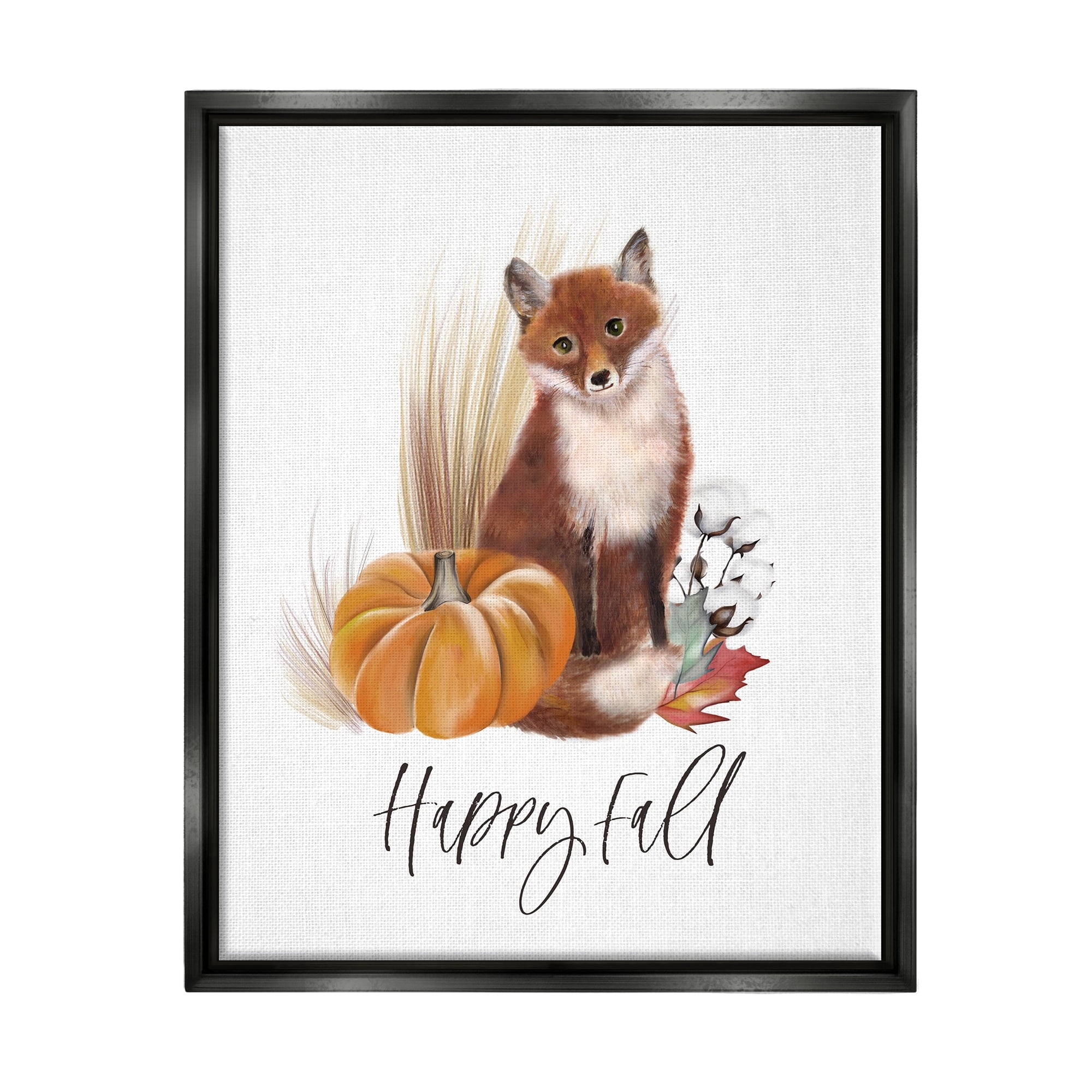 Stupell Industries Happy Fall Scenic Autumn Fox Pumpkin Botanicals Graphic Art Jet Black Floating Framed Canvas Print Wall Art, Design by Studio Q