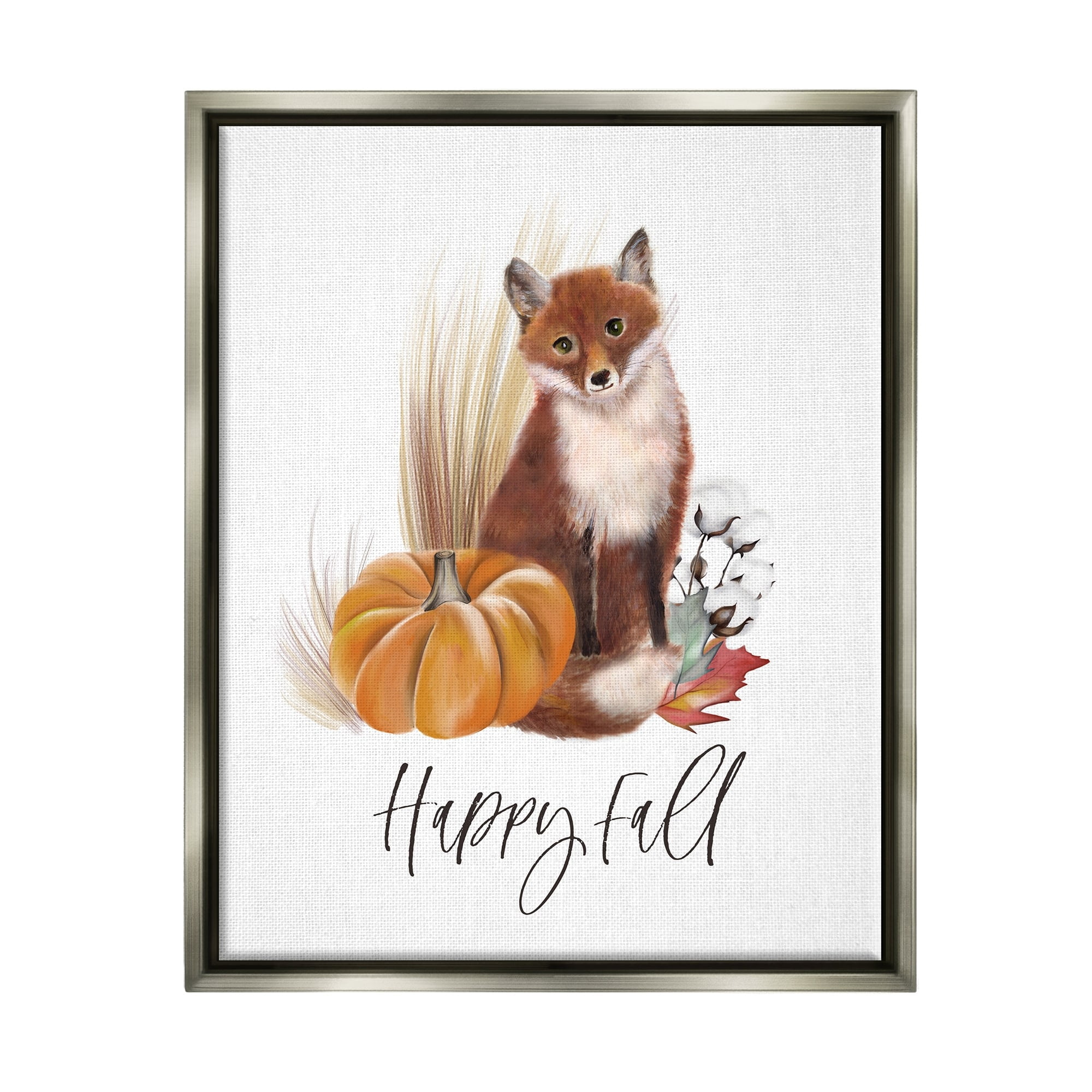 Stupell Industries Happy Fall Scenic Autumn Fox Pumpkin Botanicals Graphic Art Luster Gray Floating Framed Canvas Print Wall Art, Design by Studio Q