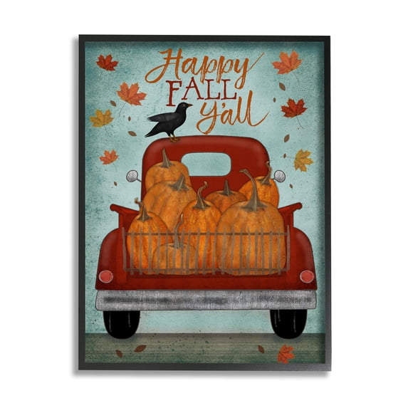 Stupell Industries Happy Fall Y'all Autumn Harvest Red Truck Black Framed Design by Beth Albert