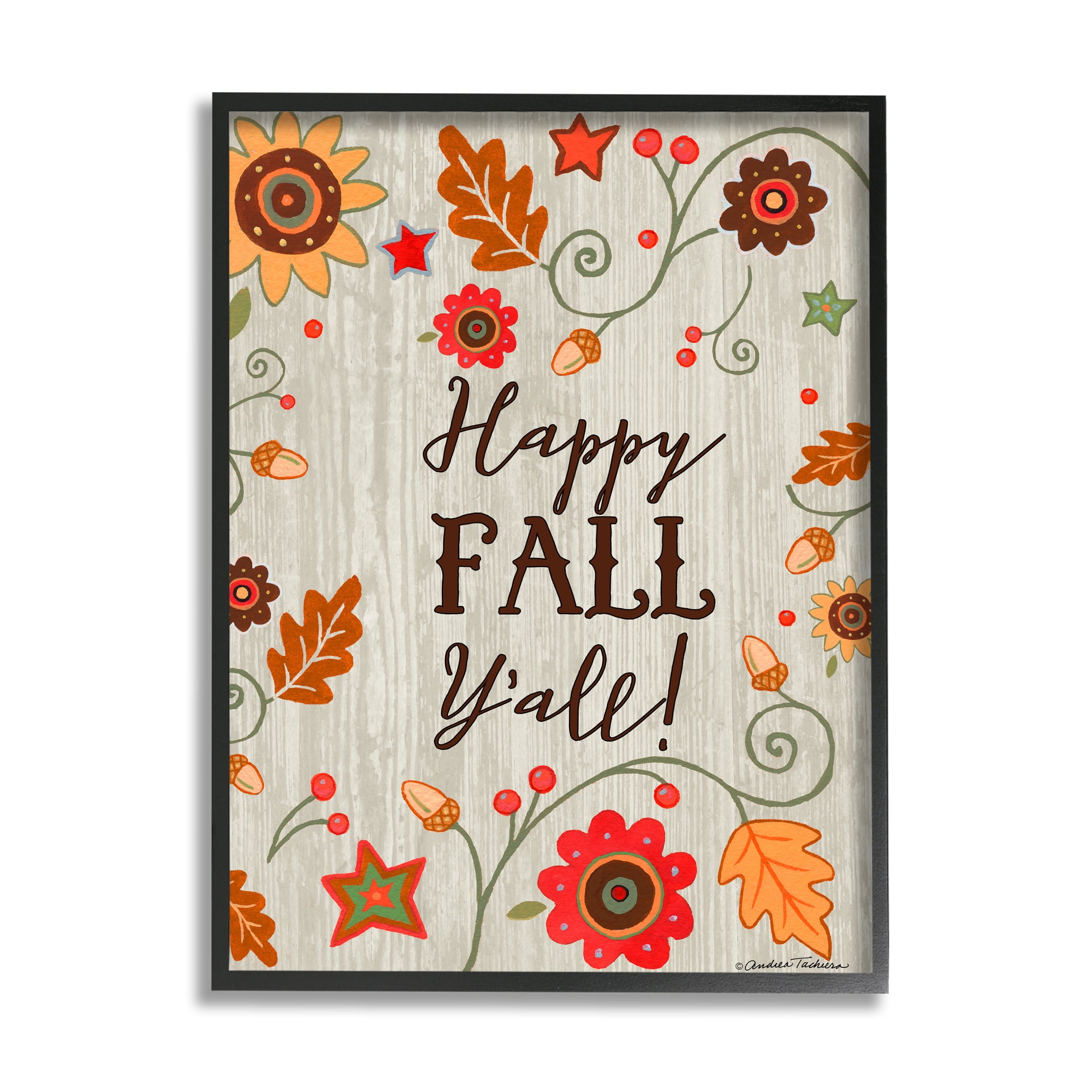 Stupell Industries Happy Fall Y'all Phrase Autumn County Border Landscape Painting Black Framed Art Print Wall Art, 16 x 20