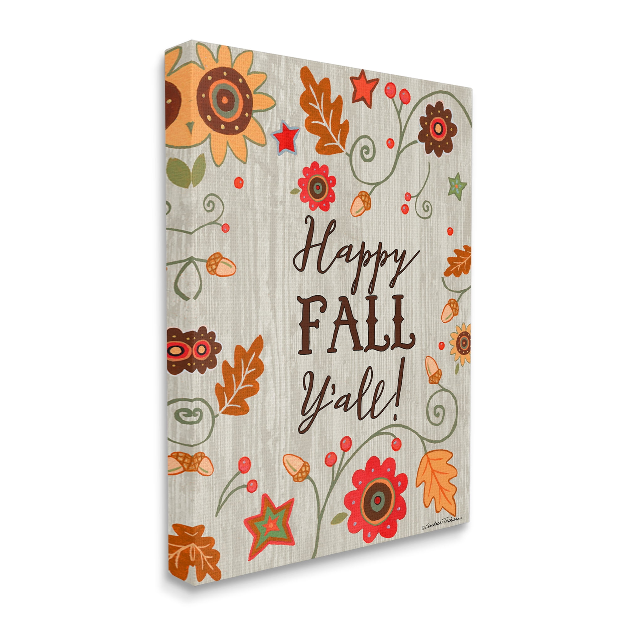 Stupell Industries Happy Fall Y'all Phrase Autumn County Border Landscape Painting Gallery Wrapped Canvas Art Print Wall Art, 30 x 40