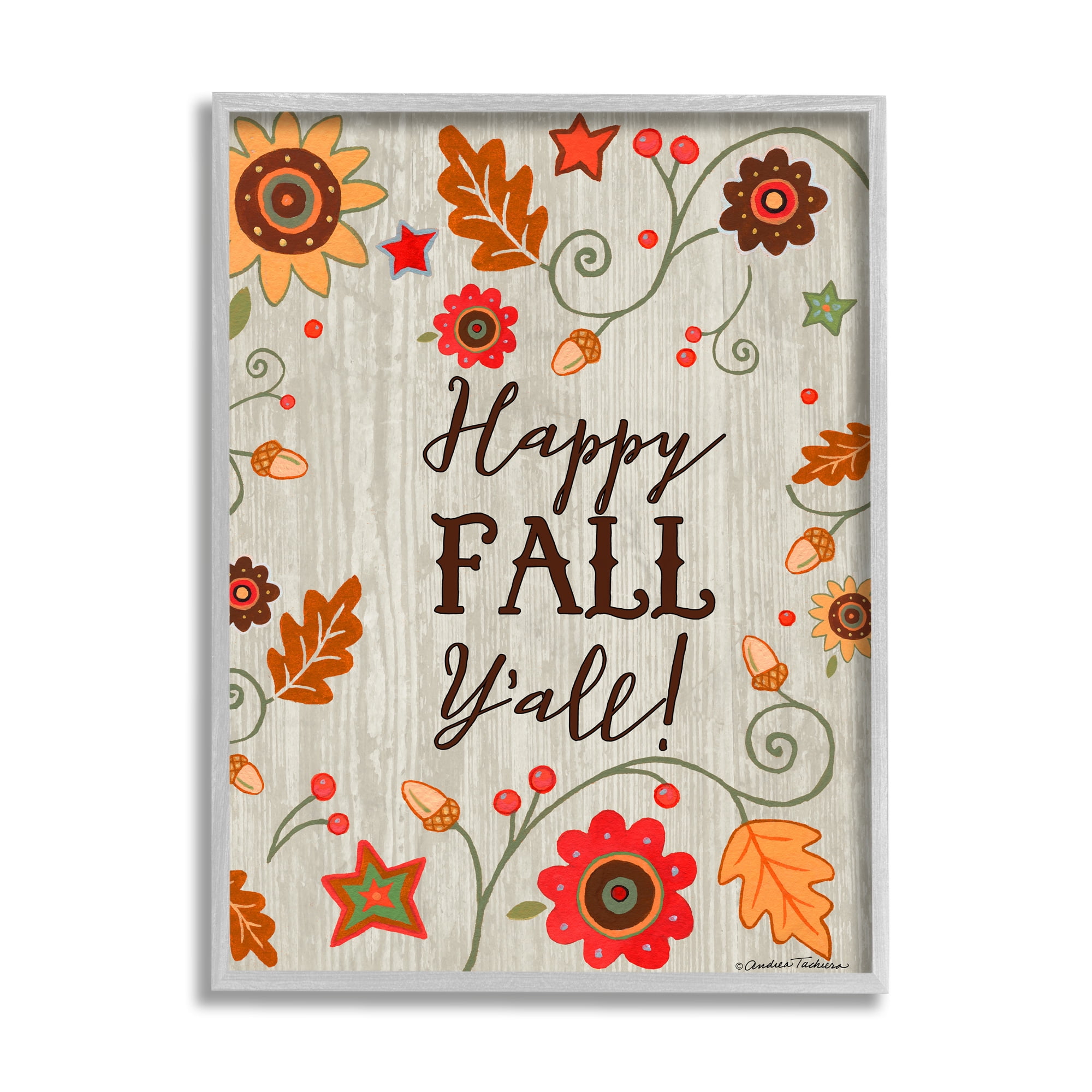 Stupell Industries Happy Fall Y'all Phrase Autumn County Border Landscape Painting Gray Framed Art Print Wall Art, 11 x 14