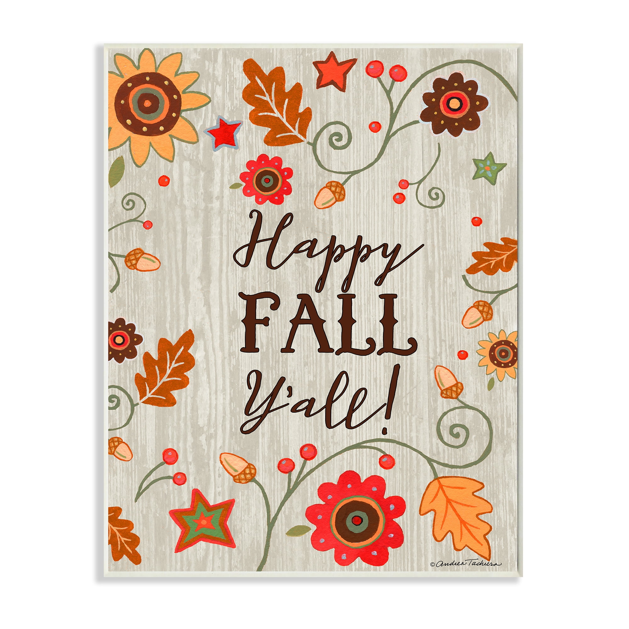 Stupell Industries Happy Fall Y'all Phrase Autumn County Border Landscape Painting Wall Plaque Art Print Wall Art, 13 x 19