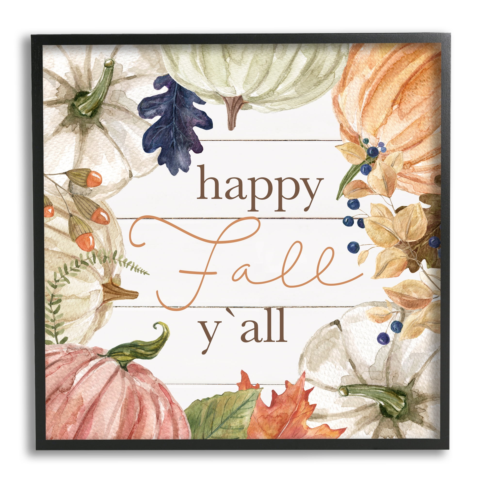 Stupell Industries Happy Fall Y'all Phrase Holiday Painting Black Framed Art Print Wall Art, 24 x 24