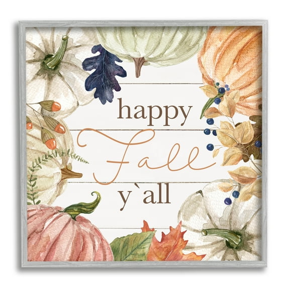 Stupell Industries Happy Fall Y'all Phrase Holiday Painting Gray Framed Art Print Wall Art, 17 x 17