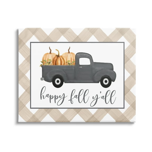 Stupell Industries Happy Fall Y'all Vintage Truck Carrying Pumpkins Graphic Art Gallery Wrapped Canvas Print Wall Art, Design by Lettered and Lined