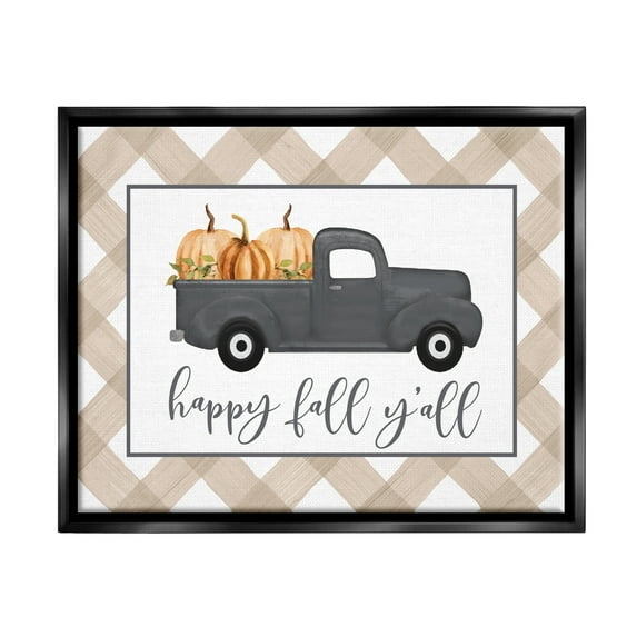 Stupell Industries Happy Fall Y'all Vintage Truck Carrying Pumpkins Graphic Art Jet Black Floating Framed Canvas Print Wall Art, Design by Lettered and Lined