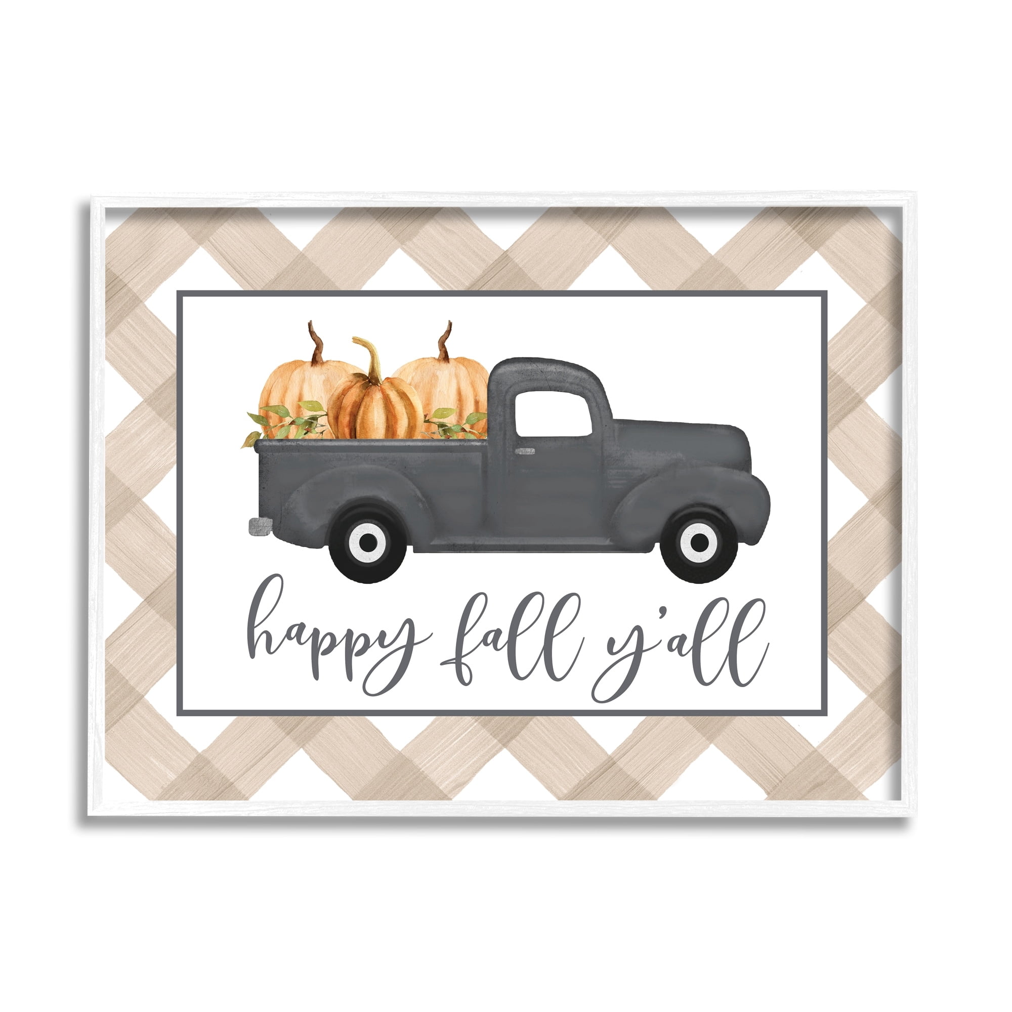 Stupell Industries Happy Fall Y'all Vintage Truck Carrying Pumpkins Graphic Art White Framed Art Print Wall Art, Design by Lettered and Lined