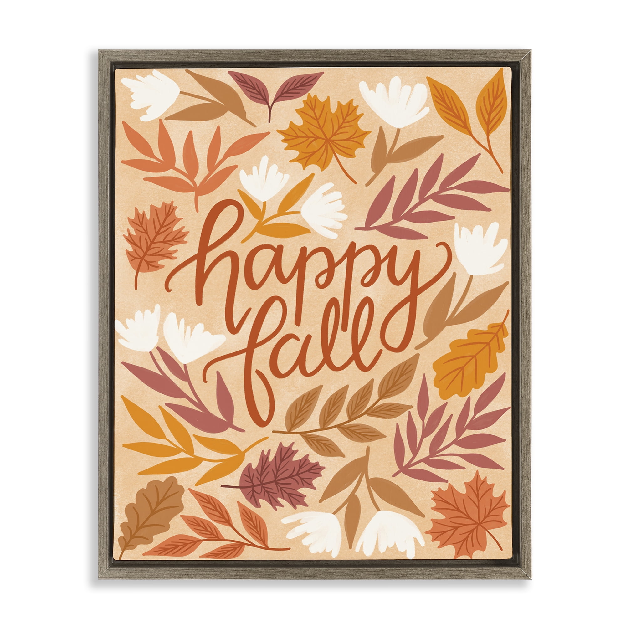 Stupell Industries Happy Fall on Leaves Plants & Flowers Painting Brown Floater Framed Canvas Art Print Wall Art, 25 x 31